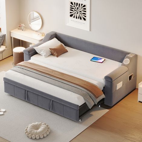 Bett Schlafbett ausziehbar 90x190 Samt Grau OKMYHOME (1/5)