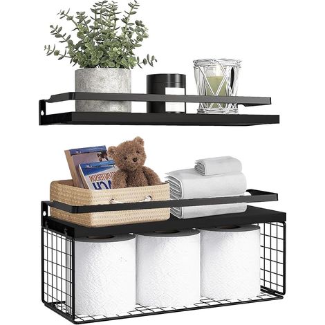 Étagère murale, lot de 2 étagères flottantes en bois avec panier métallique, planche murale, support à épices, étagère suspendue pour salle de bain, chambre, salon, buanderie (1/5)