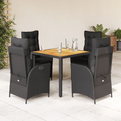 Ensemble de Jardin 5 Places - Table 90x90 cm + 4 Fauteuils Dossiers Réglables en Résine Tressée Noir avec Coussins (1/5)