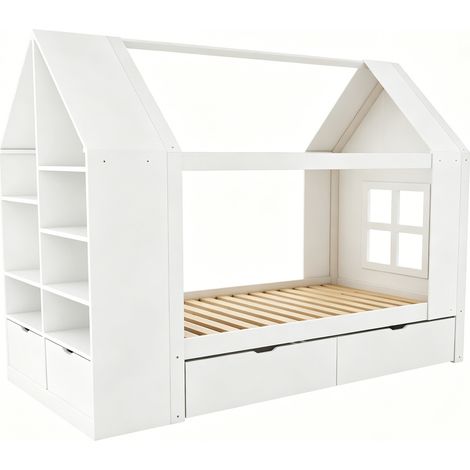 Lit cabane enfant 90 x 200 cm avec 2 tiroirs, éclairage LED, rangements, blanc (1/5)