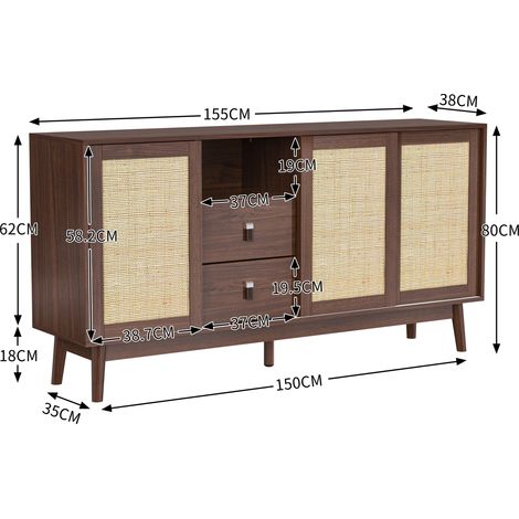 Buffet à 3 portes coulissantes en rotin véritable, 2 tiroirs, 155x38x80 cm, respirant, robuste et polyvalent (1/5)
