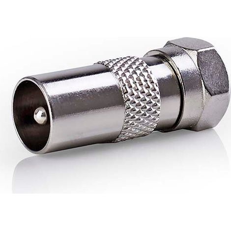 Adaptador de antena y satélite  F Macho  IEC (coaxial) macho  Niquelado  75 ohmios  Recto  Metales  Plata  1 PC.  Caja