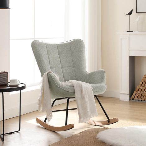 WOLTU Sedia a Dondolo, Comoda Sedia a Dondolo in Flanella - con Braccioli e Schienale Alto, Base in Metallo e Legno Massello Stile Scandinavo Grigio