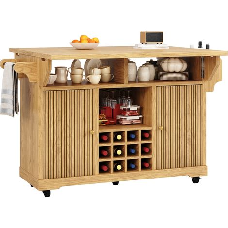 Desserte de Cuisine avec Extensions Rabattables, Étagères Réglables et Porte Bouteilles Amovible sur Roulettes, MDF Naturel (1/5)