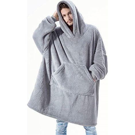 Sweat Plaid a Capuche Adulte Plaid Polaire avec Manche Femme Homme Couverture à Capuche avec Manche Poches Portables, Plaid Pull Couverture Canape TV Hiver, 95x85 cm Gris (1/5)