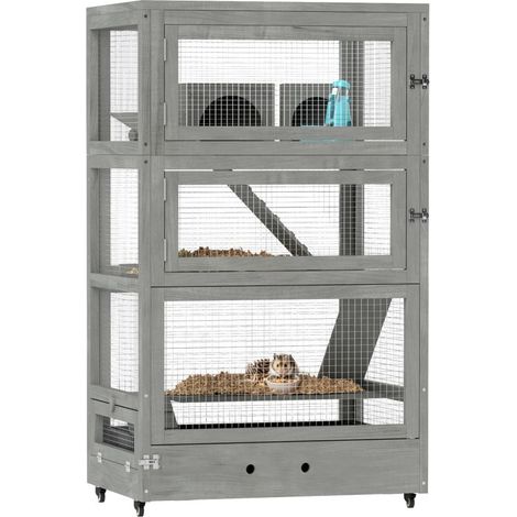Cage en bois à 4 niveaux pour hamster, avec maisons, bascule, gamelles, rampes et roues, 65 x 45 x 109 cm, grise