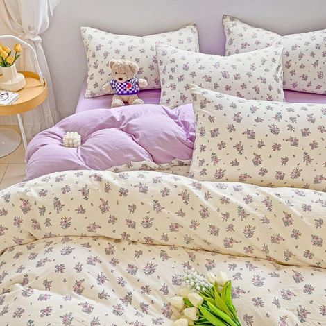 Bettwäsche-Set 155x220 cm Weiß Lila Blumen Mikrofaser mit Reißverschluss