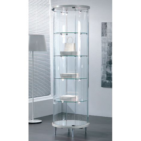 Vetrina in Cristallo Temperato 4 Ripiani Altezza 190 cm Diametro 70 cm Colore Bianco Lucido (1/3)