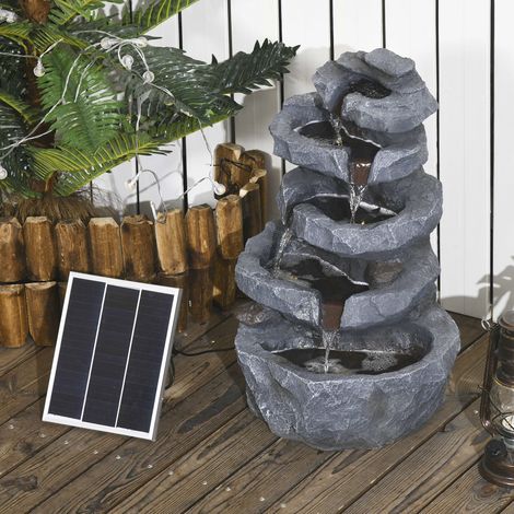Fontaine de jardin à énergie solaire roche en cascade à 5 niveaux en résine avec lumières LED et pompe gris