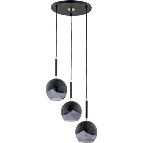 Alfa MILTONA 3-Light Black Pendant Ceiling Lamp with Smoked Dark Glass Globes & Gold Accents, 38cm, 85cm Drop, E27 Bulbs Max 3x15W, Modern Industrial Style