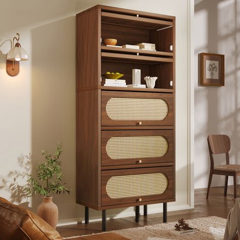Armoire de rangement en bois coloris noyer avec 5 compartiments abattants, décor rotin et pieds métal, 80x40x163 cm (1/5)