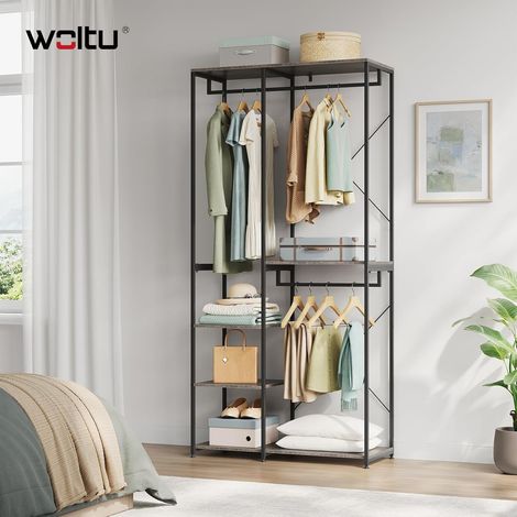 WOLTU Perchero Burro Ropa Perchero Burro con Estante Multiusos Fuerte Metal y Madera 90 x 40 x 204.5 cm(L x P x H) Color Negro + Color óxido