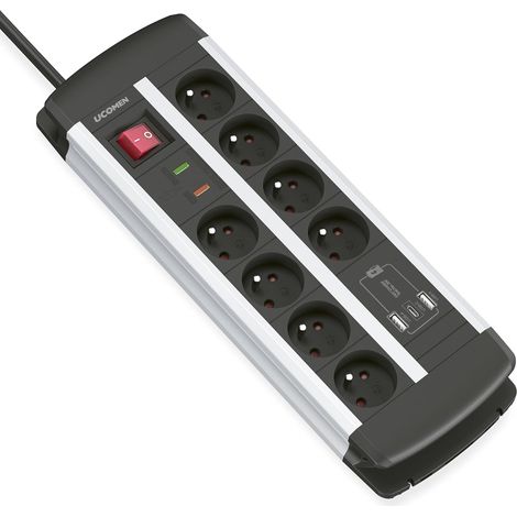 Bloc Multiprise 8 Prises avec USB-C 20W PD Charge Rapide, Parafoudre et Surtension, Interrupteur, Sécurité Enfants, Fixation Murale, Câble1,5m,Prise Française 16A (1/5)