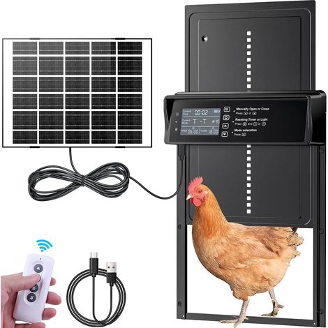 Ouverture solaire pour poulailler, porte solaire automatique, écran LED, capteur de lumière, télécommande, minuterie de contrôle (1/5)
