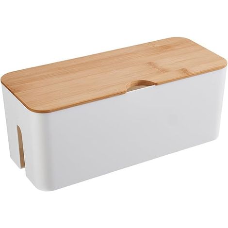 Boîte de rangement pour câbles avec couvercle en bambou, organisateur de gestion des câbles, 32 x 13,5 x 12,5 cm, blanc (1/5)