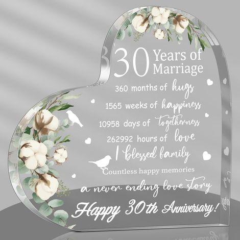 Plaque cœur acrylique souvenir mariage Cadeau anniversaire de mariage 30 ans pour femme et couple Noces de perle – Style 30ᵉ année pour épouse, mari, amoureux (1/5)