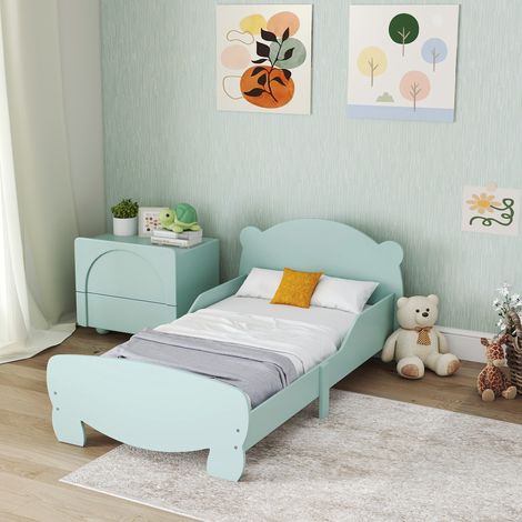 Lit enfant 70x140 cm avec barrières de sécurité thème d'ours pour garçons, filles, âgés de 3 à 6 ans, vert