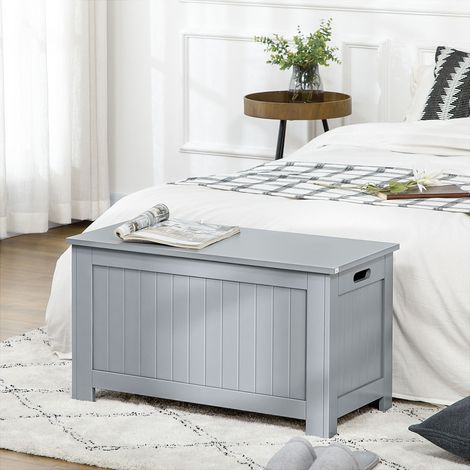 Coffre à jouets en bois gris avec couvercle rabattable et charnières de sécurité, boîte de rangement pratique pour chambre d'enfant, rangement mural ou sol, lot de 1 (1/5)