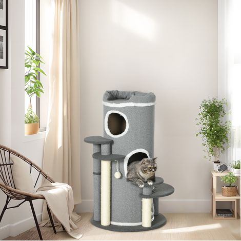 Arbre à chat griffoir tonneau 99 cm avec 3 niveaux, 4 plateformes, panier supérieur, poteaux en sisal, gris, pour 1 à 2 chats - CHICFURN (1/5)