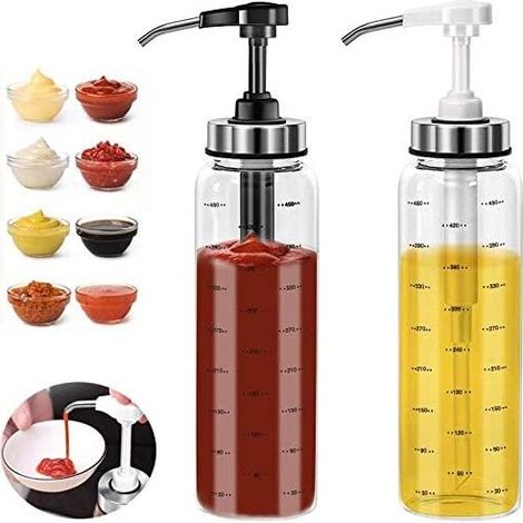 Lot de 2 bouteilles en verre distributrices d'huile d'olive de 500 ml, sans goutte, sans plomb, ketchup, vinaigrette, miel, huile (1/5)