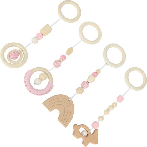 Ensemble de 4 jouets pour poussette, centre d'éveil en bois, jouets suspendus pour bébés et jeunes enfants, rose (1/5)