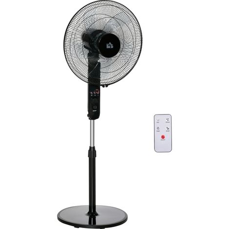 Ventilateur sur Pied avec Télécommande, Hauteur Réglable 110‑124 cm, Oscillation 70°, 3 Vitesses, Inclinaison Réglable, Minuterie 7,5 h, Ø44,5 cm, Noir