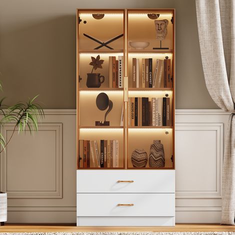 Meuble de salle de bain 75x34,5x170 cm, meuble vasque et rangement avec 2 tiroirs et 2 portes vitrées, bandeau LED intégré, MDF, blanc (1/5)