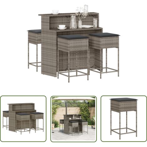 The Living Store 5-tlg. Gartenbar-Set mit Kissen Grau Poly Rattan - Gartensets - Gartenmöbel - Esstisch - Barhocker - Outdoor Furniture (1/5)