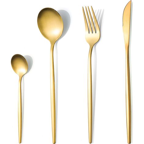 Ménagère 24 pièces or mat pour 6 personnes, SANLI Un service de table moderne en acier inoxydable, couteau, fourchette, cuillère, va au lave-vaisselle. (1/5)