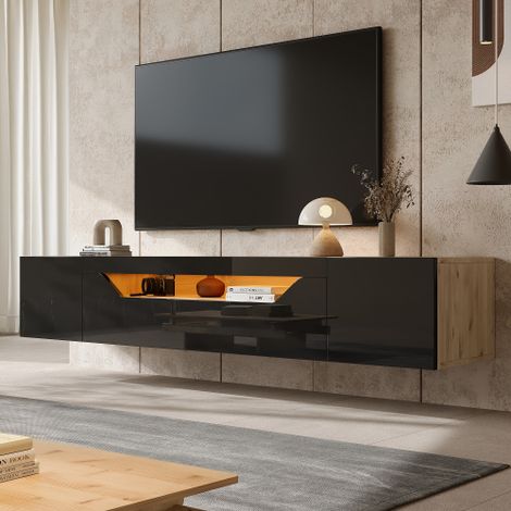 Meuble TV mural, meuble TV noir brillant avec 3 compartiments de rangement et éclairage LED, 180x37x36 cm (1/5)