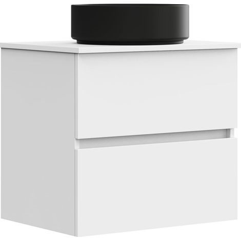 Meuble de Salle de Bain Onyx Black, 2 tiroirs, Suspendu au Mur, avec lavabo en céramique Noir Mat, mélaminé 16 mm. Meuble monté. Lavabo Rond/sans Miroir 60 cm Blanc (1/5)