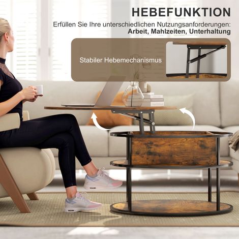 Table basse ronde avec plateau relevable, espace de rangement, étagères latérales, cadre en acier, marron (1/5)