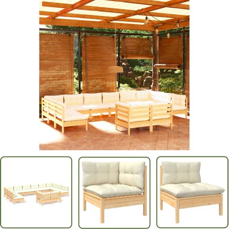 The Living Store 12-tlg. Garten-Lounge-Set mit Creme Kissen Massivholz Kiefer - Gartengeräte - Lounge Set - Gartenmöbel - Kiefernholz Möbel - Outdoor Furniture (1/5)