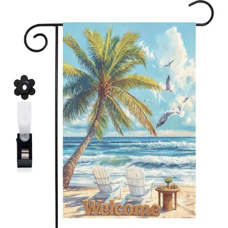 Drapeau vertical mouettes et palmier tropical 30 x 45 cm décoration saisonnière cour (1/5)