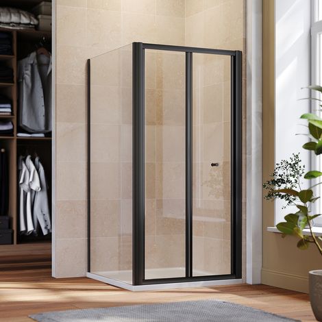 ELEGANT 900mm Bifold Shower Door Black Aluminium Frame Shower Enclosure 5mm Tempered Glass with 900mm Side Panel, SMC Tray & Waste Trap (1/5)