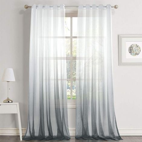 Rideaux Voilage Blanc Gris Dégradé à Œillet, Élégant Décor de Fenêtre, 2 Panneaux 107cm244cm (1/4)