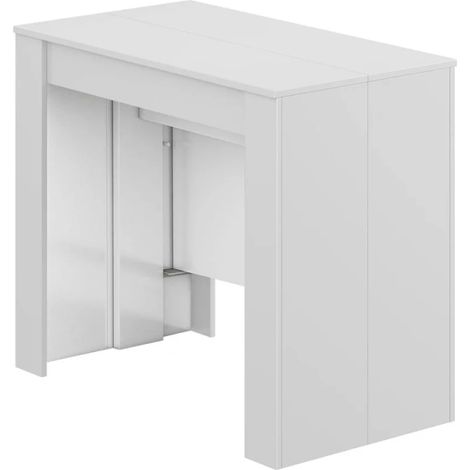 Mesa consola extensible multifuncional  acabado blanco brillo, 78cm(alto) 90/185cm(ancho) 90cm(largo)