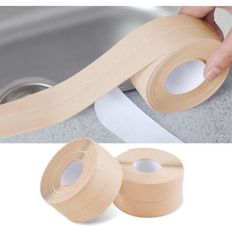 2 Rouleaux Bande Etancheite Autocollante Imperméable,PVC Ruban Adhesif de Scellage Mural,Douche,Toilette,Cuisine,Salle de Bains (Crème) (1/5)