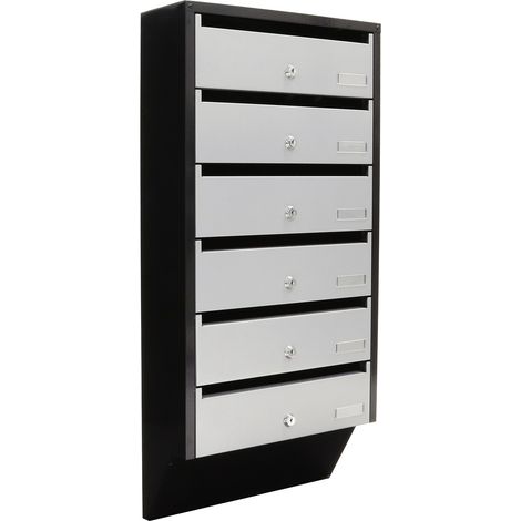 Boîte aux lettres collectives en acier noir/argent – Pour 6 personnes – Entrée 330 x 20 mm – Serrure à cylindre avec 2 clés – Ouverture vers le haut – Rottner (1/5)
