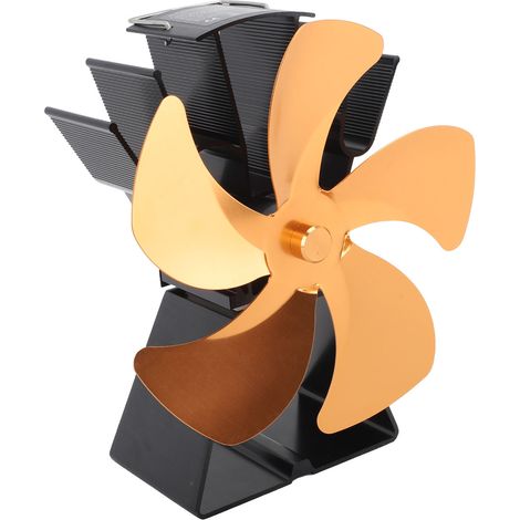 Ventilateur pour poêle à bois, 5 pales, base trapézoïdale verticale, ventilation thermique portable, couleur or, idéal pour la maison et le camping. (1/5)