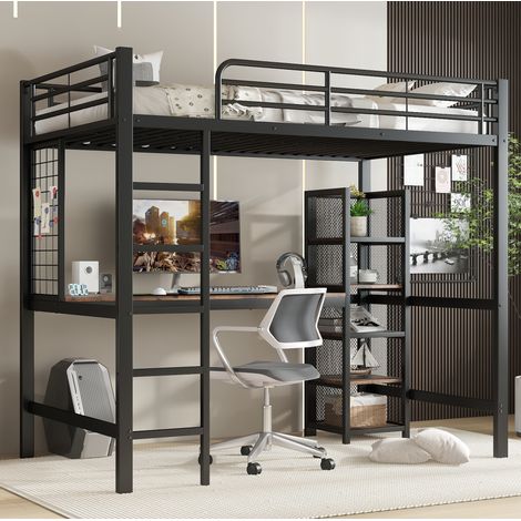 DESVIAE Lit mezzanine 90 x 200 cm avec bureau et rangements en métal et MDF noir et bois noyer foncé (1/5)