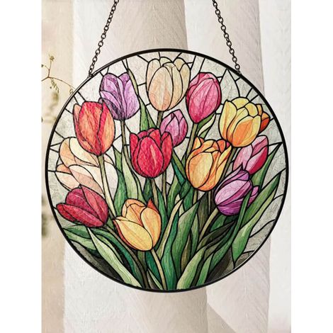 Décoration vitrail tulipes 12,5 cm, attrape-soleil