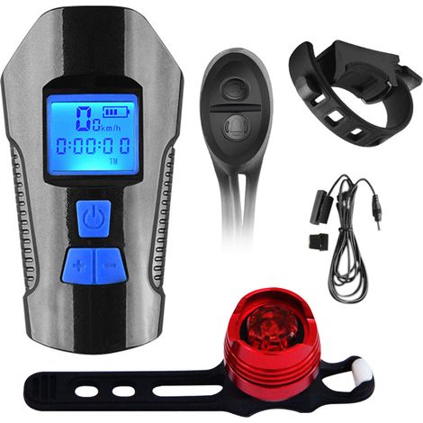 USB-wiederaufladbares multifunktionales LED-Fahrradbeleuchtungsset, bestehend aus Vorder- und Rücklicht, 5 Anzeigemodi, 6 Hupentypen, 4 Vorderlichtmodi und 3 Rücklichtmodi. (1/5)
