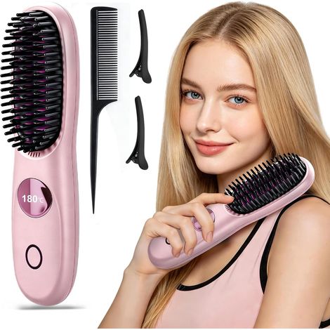 Brosse Lissante Sans Fil, Mini Brosse Lissante Portable en Céramique avec 3 Températures Réglables (160°C-200°C), Peigne Lissant Chauffant Rechargeable Type-C pour Voyage, Maison et Retouches(rose) (1/5)