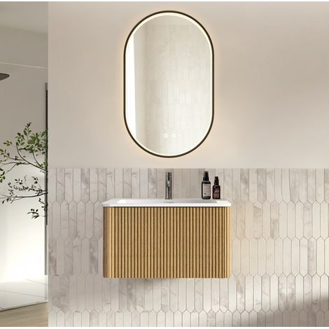 Mobile bagno sospeso con lavabo 80 cm, specchio LED 50 x 80 cm, rovere DESVIAE (1/5)