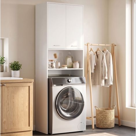 Mobile sopra lavatrice 66x24x191 cm in legno bianco, 2 ante e vano aperto – MEUBLIV (1/5)