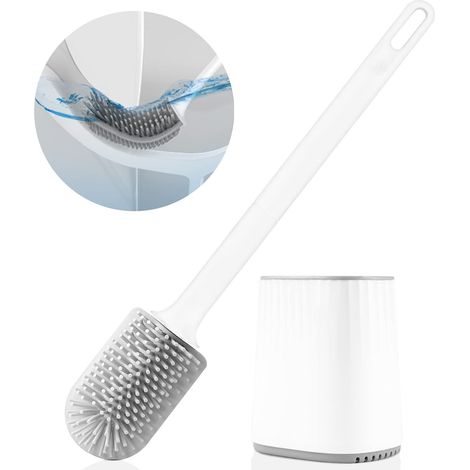 Brosse de Toilette, Brosse WC en Silicone avec Tête de Brosse Multifonction 3 en 1 et Support à séchage Rapide, Balai Toilette WC Murale pour Salle de Bain (Blanc)..