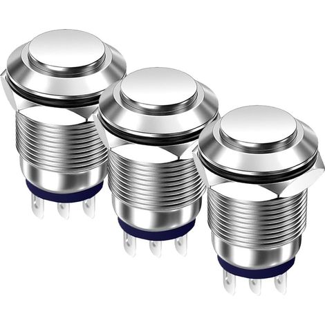 3pièces 12mm Etanche Bouton Poussoir Momentané en métal 3broches NO/NC Bouton Poussoir Marche/arrêt 0.3A 12V/24V/125V/250VAC (tête Haute) (1/5)