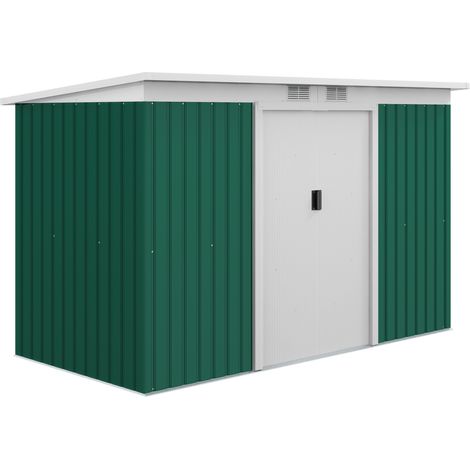 Cobertizo de jardín de acero verde oscuro con puerta corredera y ventilación 280 x 130 x 172 cm (1/5)