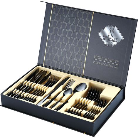 Ensemble cadeau de couverts en acier inoxydable de style western : couteau à steak, fourchette et cuillère. (1/5)